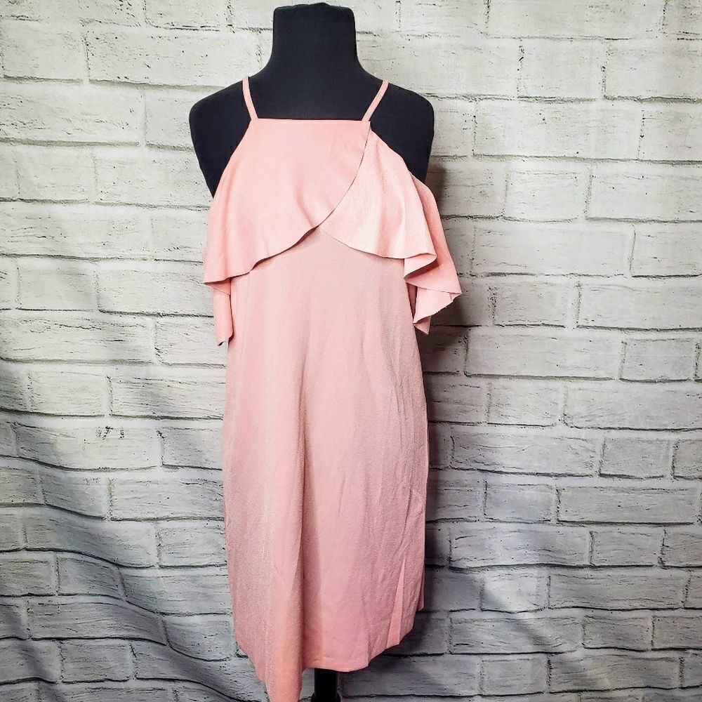Christian Siriano Pink Cold Shoulder Ruffle Dress Size Large